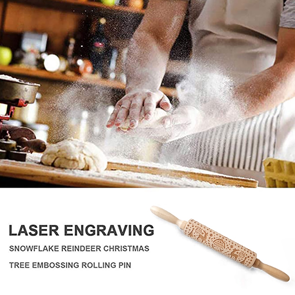 Wood Embossing Pizza Roll Pin Fondant Dough Deer Pattern Engraved Roller Stick Baking Pastry Tool Baking Christmas Accessories