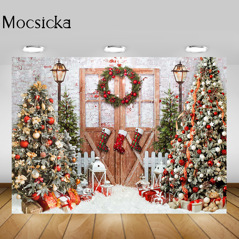Christmas Background for Photography Snow Toys Rustic Door Winter Family Party Backdrops Decor Portrait Photo Studio Props