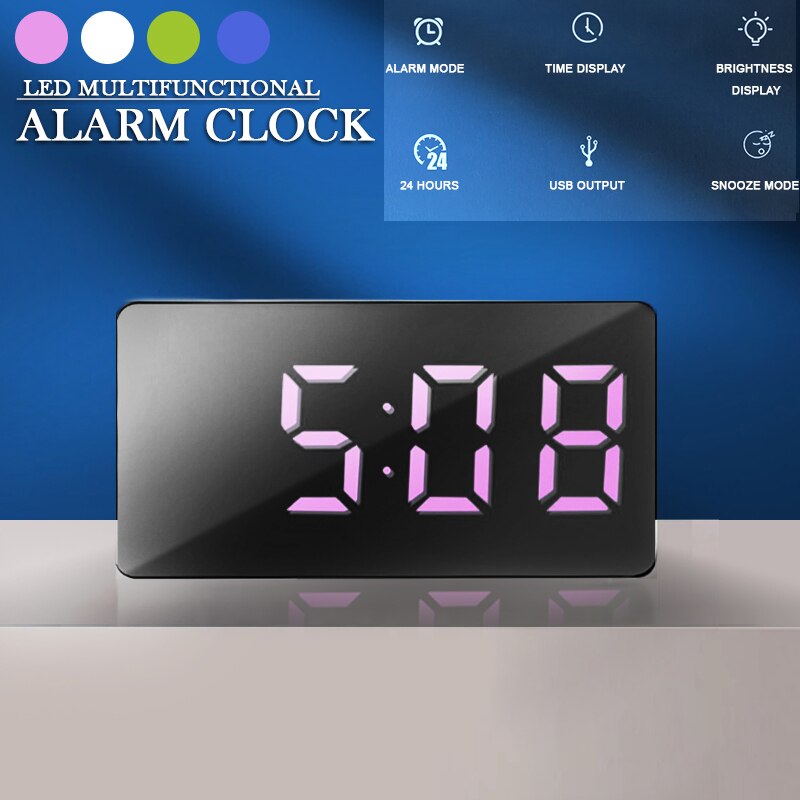 Alarm Clock Mini Desk Alarm Clock Digital Mirror LED Big Display Bedroom Timer Home Electronic Table Clock USB For Home/Car