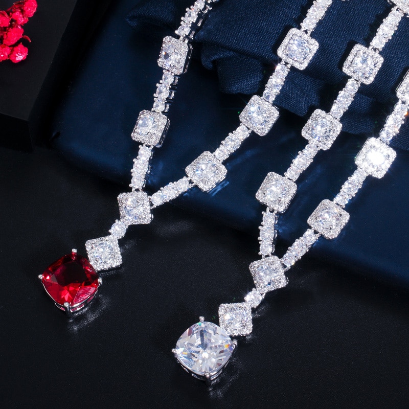CWWZircons Chique Redondo e Quadrado Cut Red Cubic Zirconia Wedding Party Mulheres Jóias Elegante Conjunto Colar Brinco para Noivas T454