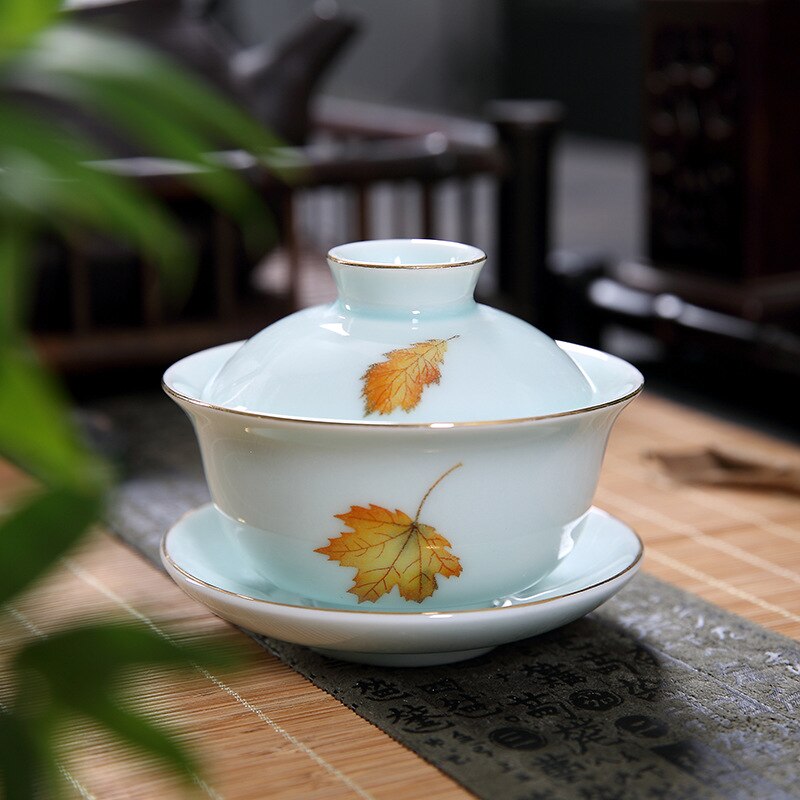 Op Verkoop Chinese Porselein Gaiwan Sancai Cup Kom Met Deksel Coaster Onder Glazuur Leaf Print Keramische Terrine 160Ml