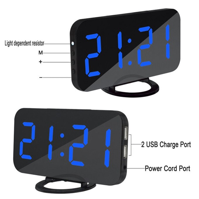 Simple Modern Mirrored Electronic Snooze Alarm Clock Multifunction Art Digital Display Wall Clock with Two Phone USB Charge Port: 04