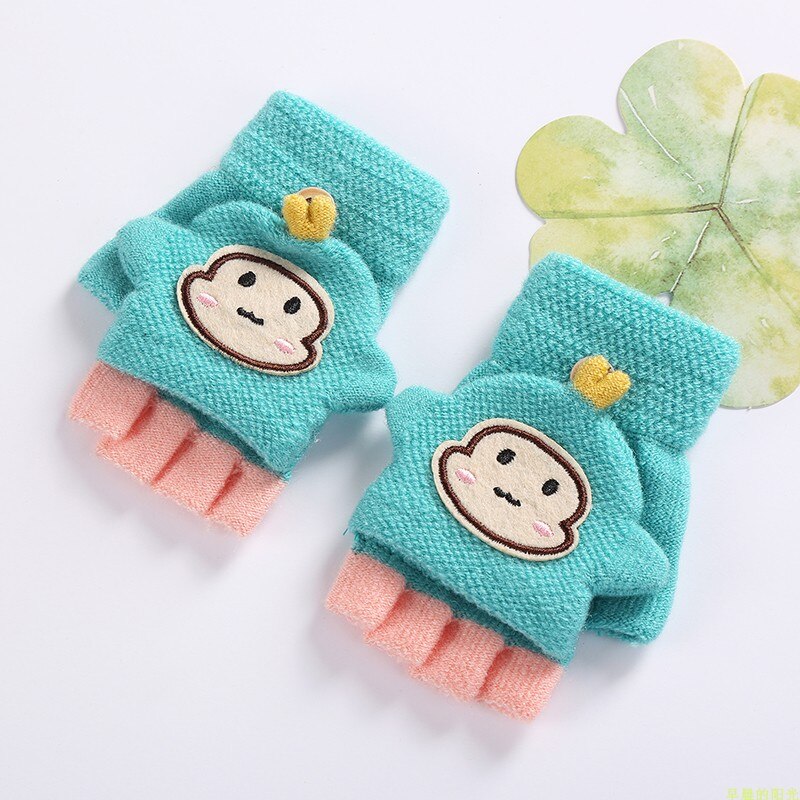 Wecute-gants chauds pour enfants | Gants d'hiver chauds, haricots mignons singe, demi-doigt, gants de dessin animé pour garçons et filles: green