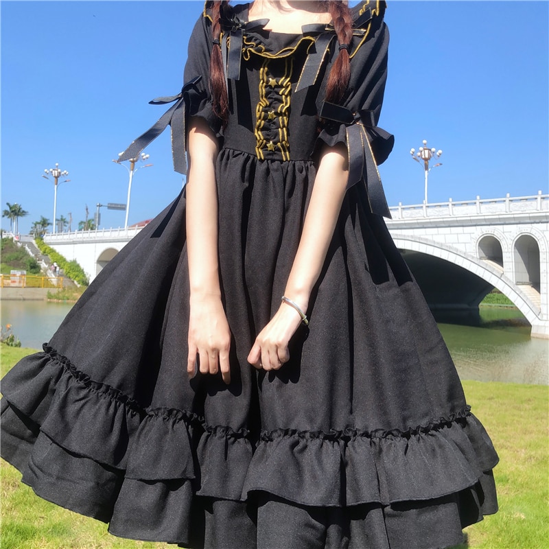 Kawaii lolita klær viktoriansk gotisk kvinner kortermet svart lolita kjole japansk søt stil goth halloween lolita  bl4341