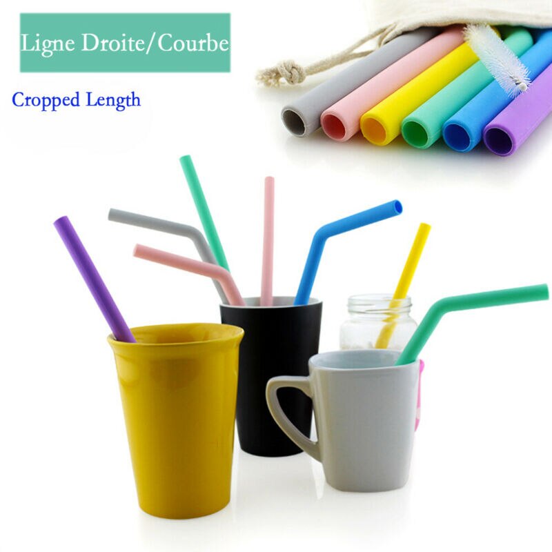 6 Colors Reusable Silicone Drinking Straws Food Grade Straw with Cleaning Brushes Set