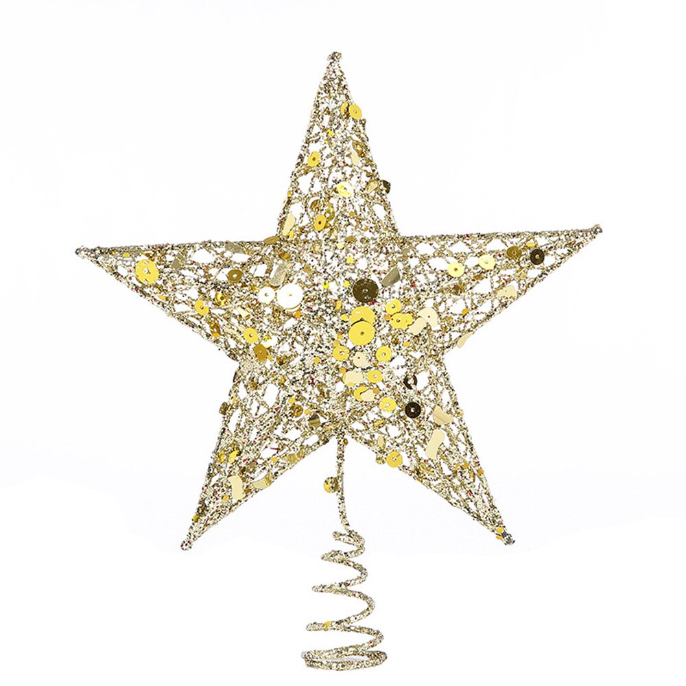 Sequin Star Xmas Tree Topper Metal Hollow Glitter Hanging Ornaments DIY Solid Color Shining Christmas Decor Photo Prop: gold15CM