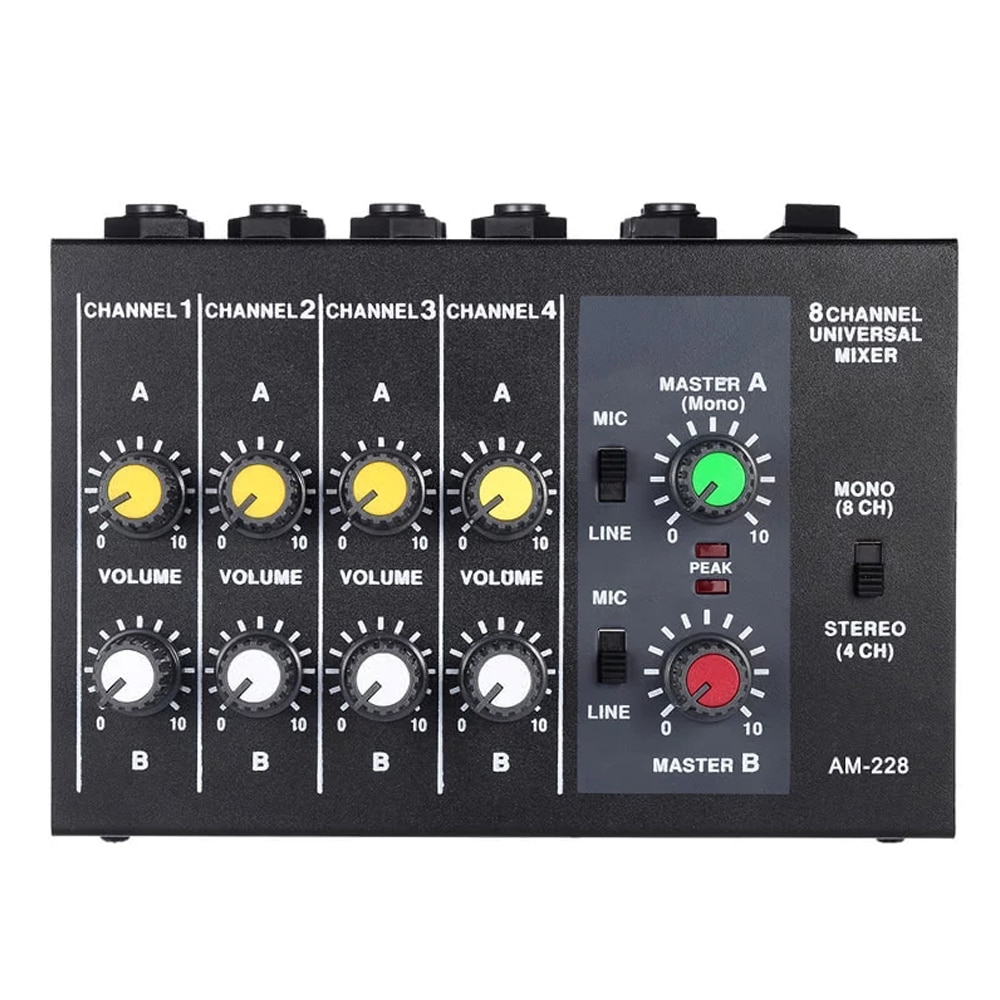 AM-228 Ultra Compact Audio Sound Mixer Mixing Console Low Noise 8 Channels Metal 6.35mm Interface Studio Mixer