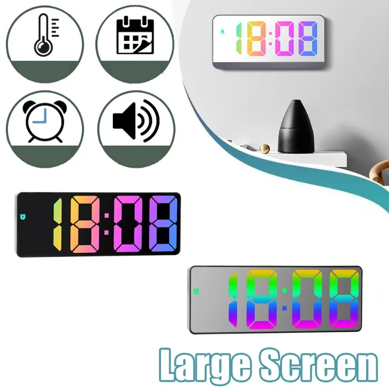 Acryl // Spiegel digitaler Wecker Sprach steuerung bunte Schrift Nacht modus Tisch uhr Schlummer 12/24h elektronische LED-Uhren