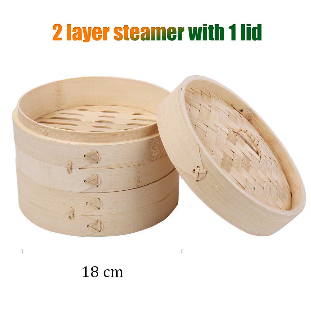 Bambus Dampf Dampfer Herd Korb Knödel Dim Sum Frühstück Gedämpfte Brötchen Knödel Eier Fisch Home Business Verwenden Hand Poliert: 18cm 2steamer 1lid