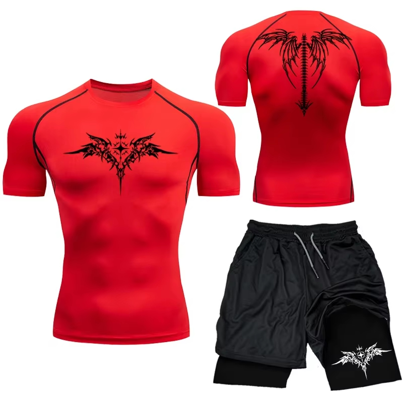 Mma boxningsset sportkläder för män snabbtorkande gymshorts t-shirt löpning träningstight sport rashguard 2 delar dräkt: Xl / Röd