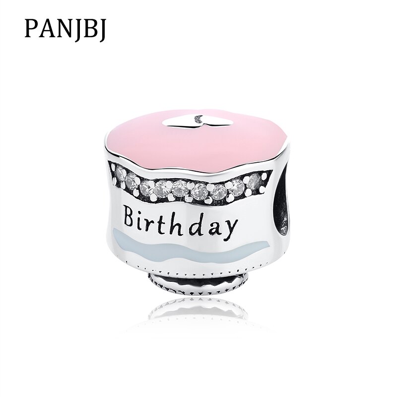 100% 925 Sterling Silver Bead Charm Birthday Cake Clear CZ Enamel Charms Fit Bracelets Necklace Women DIY Jewelry