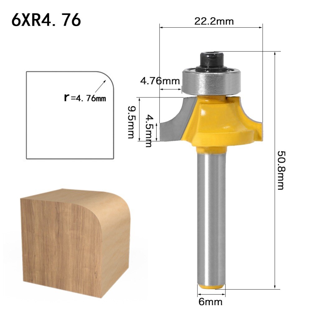 4 Stuks 6.35Mm 6Mm Schacht Hoek Ronde Over Rand Hout Router Bit 2 Fluit Hoek Ronde Cove Box bit Houtbewerking Tenon Cutter Tool: 6mm shank NO2