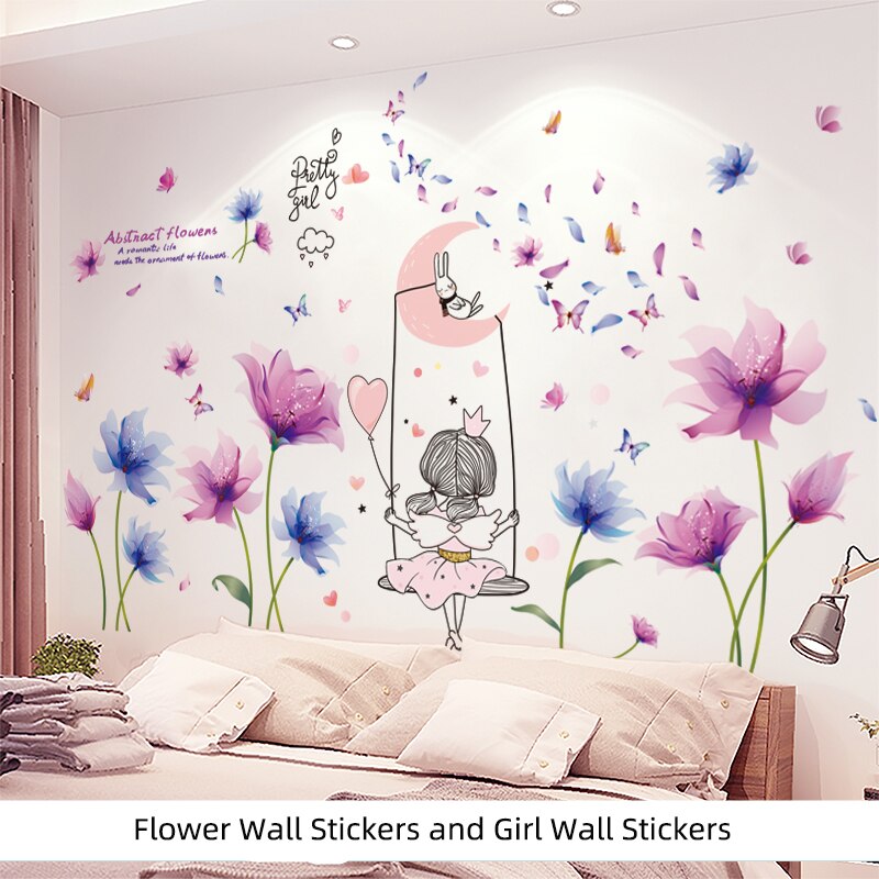 [shijuekongjian] tegneserie pige wallstickers diy blomster planter vægmaleri klistermærker til børn soveværelse stue hus dekoration: Pige og blomst