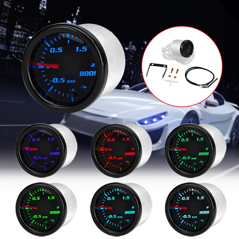 12V 2inch 52MMTurbo Boost Gauge Vacuum Press Meter -1~2 Bar 7 Color LED Black Len Vacuum Hose Cable Car T-Fitting Accessories
