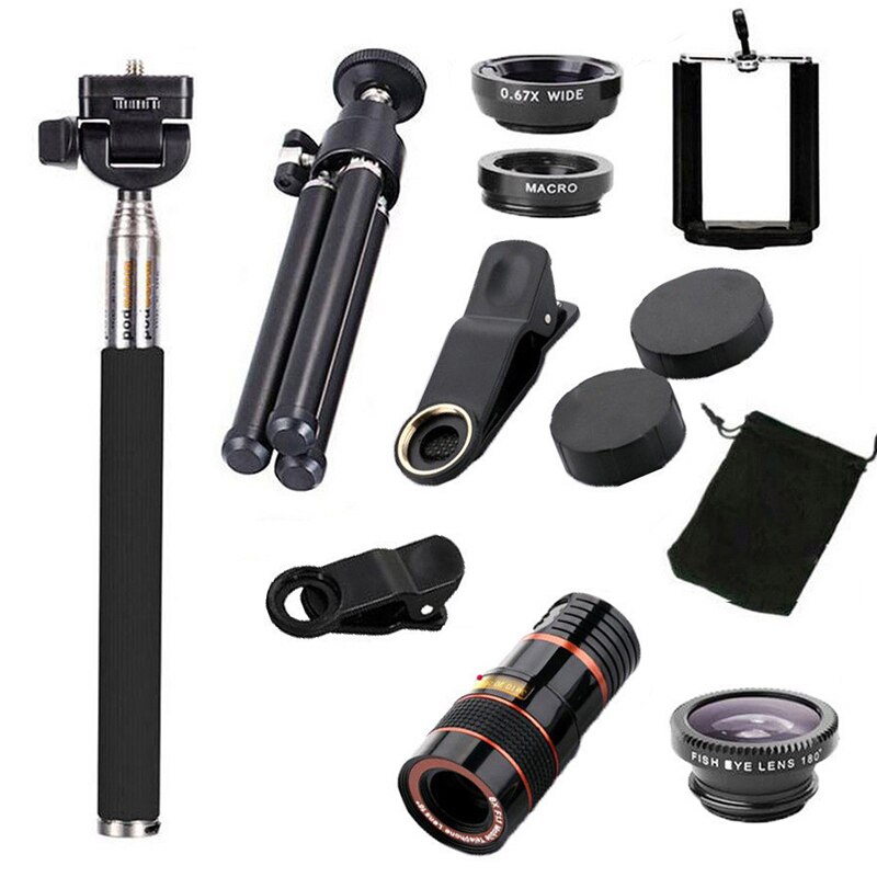8x 12x téléphone lentille pince optique Zoom télescope lentille tous In1 téléphone caméra lentille Selfie bâton trépied Bluetooth Kit à distance en STOCK!