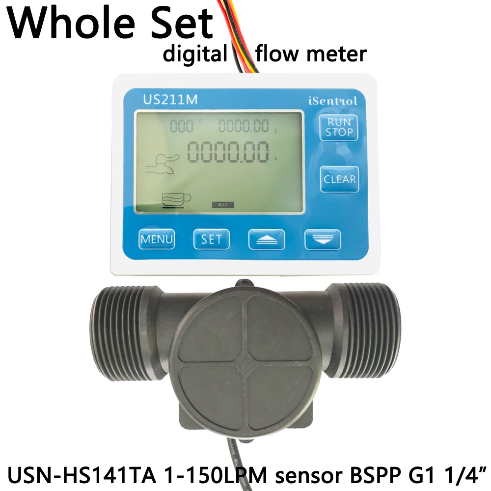 US211M Digital Flow Meter & USN-HS141TA PA66 Nylon and Fibre Glass Hall Flow Sensor Measurement 1-150L/minBSPP G1 1/4" Dijiang: Whole Set
