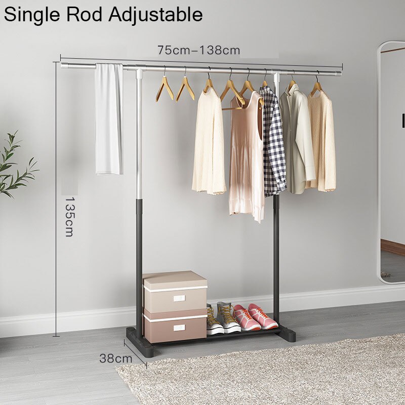 Adjustable Rolling Coat Rack Double Rod Clothes Rack Stainless Steel Hanger Floor Storage Organizer Clothing Wall Coat Racks: Single Adjustable