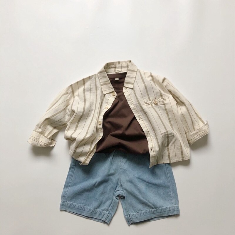 Estilo coreano meninos listra vertical algodão camisas crianças turn-down collar casual legal topos