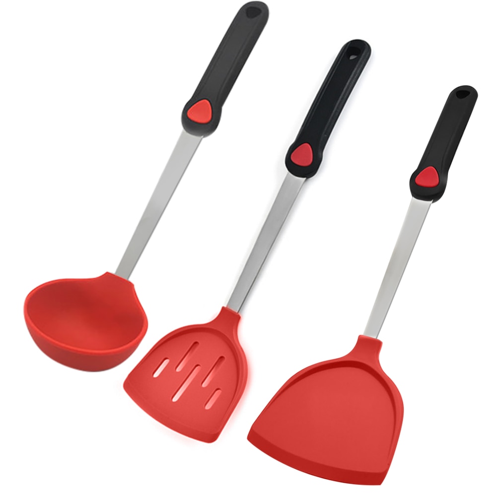 3Pcs Stainless Steel Silicone Kitchenware Non-stick Spatula And Spoon Set Can Withstand 240 Degrees High Temperature Kitchen: Red