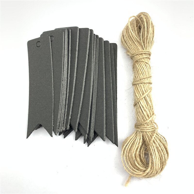 Lote de etiquetas de papel Kraft para manualidades, Mini etiqueta de comida artesanal, de color marrón, cuerdas para tarjetas de boda de 7x2cm, 100 unidades: black with string
