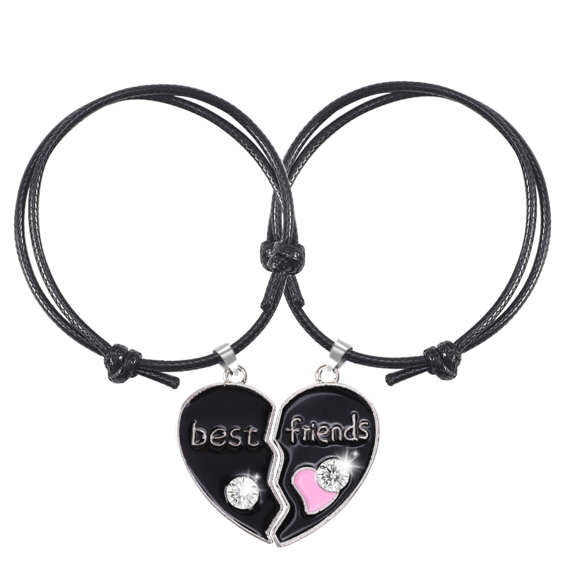 Pulsera trenzada bohemia para mujer, colgante sencillo a la con costuras en forma de corazón, colgante BFF para mejor amigo, de joyería de amistad 2023: Zinc negro plateado