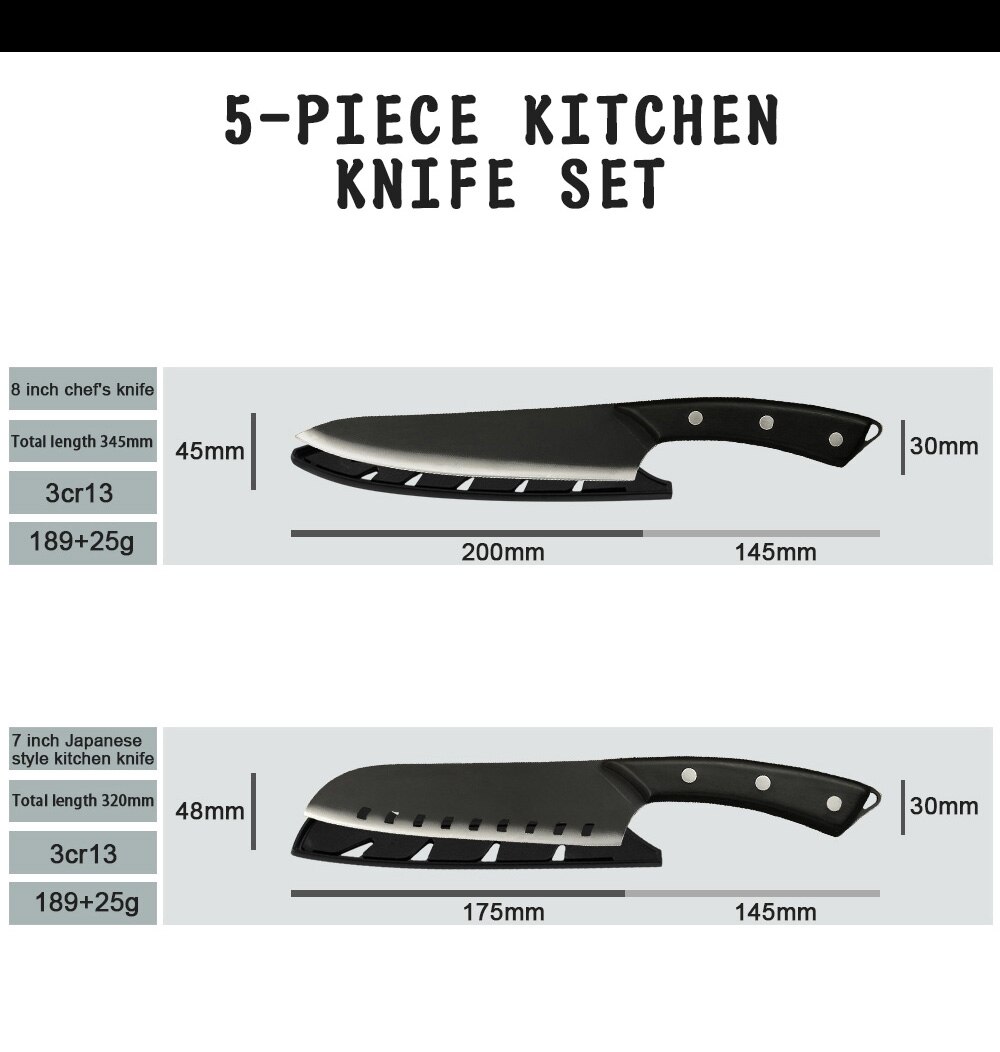 Sowoll Pro Kitchen Cooking Knives Set 8&#39;&#39; Chef 7&#39;&#39; Santoku Chopping 5&#39;&#39; Santoku Utility 3.5&#39;&#39; Paring Knife Sheath Cover Tools