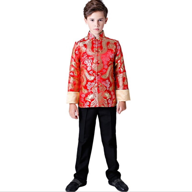 Children's Tang Red Satin Cheongsam Top Chinese Dress Boy Qipao Top Year'S Clothing Host Performance Costume Winter