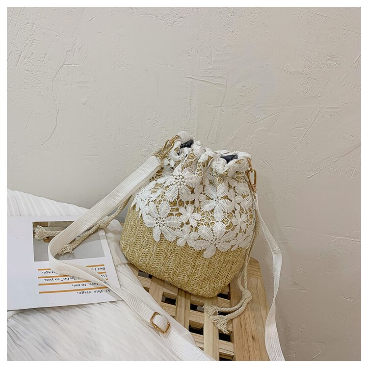 Frauen Böhmen Stroh Tasche Woven Rattan Handtasche Crossbody Sommer Strand Schulter Tasche: Beige