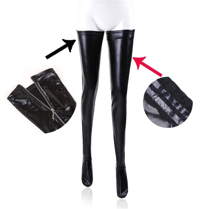 Vrouwen sexy latex rits kousen dame zwart PVC paaldans leer erotische clubwear lengte over de knie hoge kousen