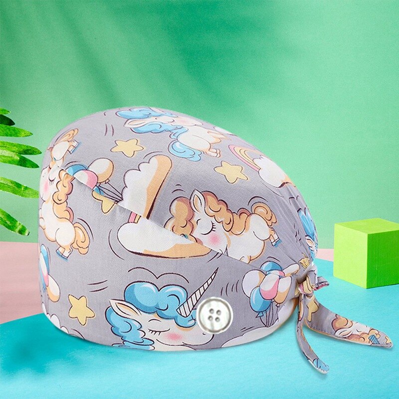 Flower Scrub Cap Pattern Nursing Work Hat Veterinarian Women Men Cotton Tie Back Washable SPA Beautician Chef Skull Cap