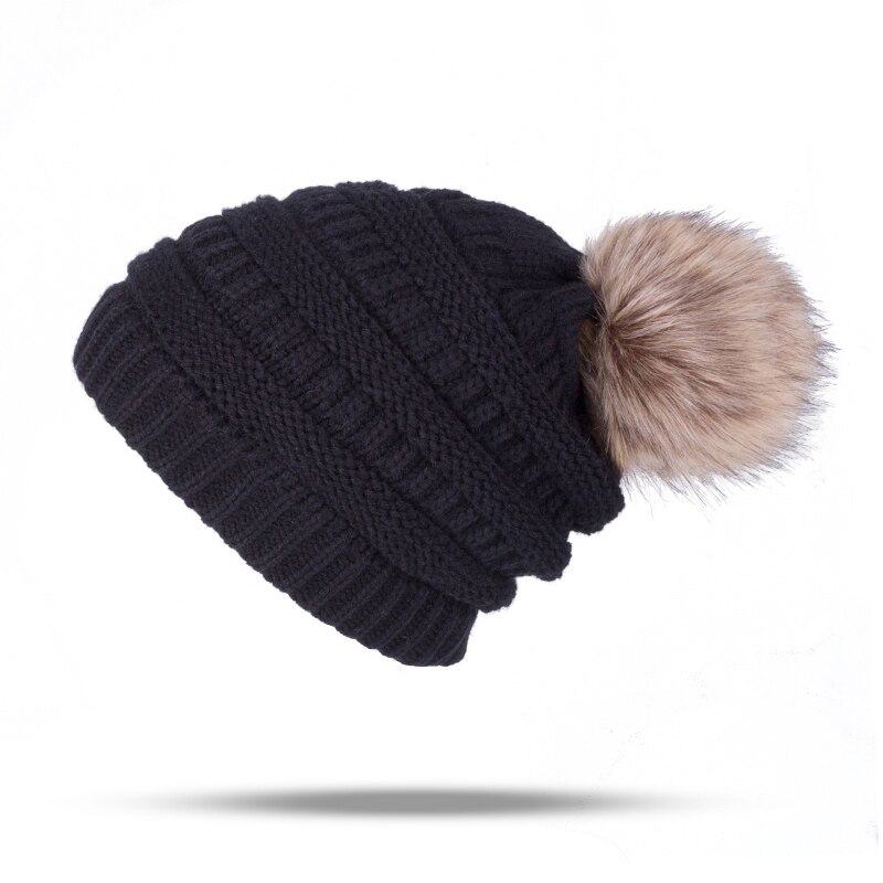 Pompons bal muts dames mutsen gebreide winter muts katoenen winter mutsen dames warme muts mutsen skullies gorras: Zwart