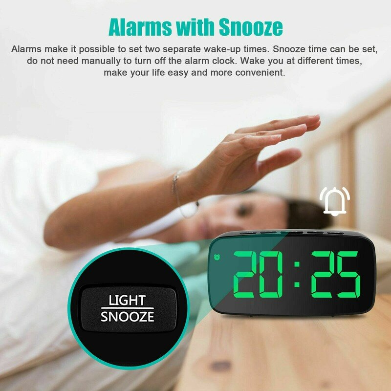 Large Digital LED Desk Alarm Clock Mirror Display USB Snooze Temperature 5 Keys WAtch Electronic Desktop Clocks For Bedroom