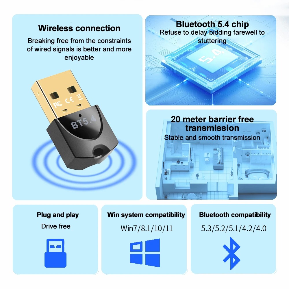 USB Bluetooth 5.4 5.3 Adapter Wireless Dongle Adapters for PC Wireless Mouse Keyboard Music Audio Receiver Transmitter Bluetooth