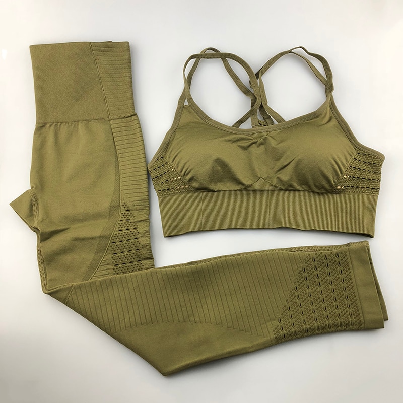 Sømløs yogasæt kvinder fitness tøj sportstøj kvinde gym leggings polstret push-up strappy sports-bh 2 stk sportsdragter