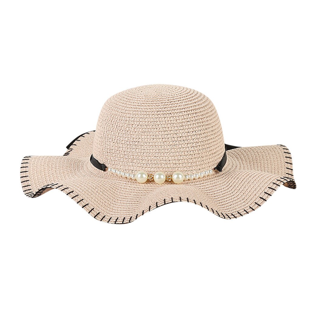 Mode Zomer Cap Voor Vrouwen Grote Brede Rand Strooien Hoed Parel Decoratie Strand Zon Opvouwbare Cap: HT