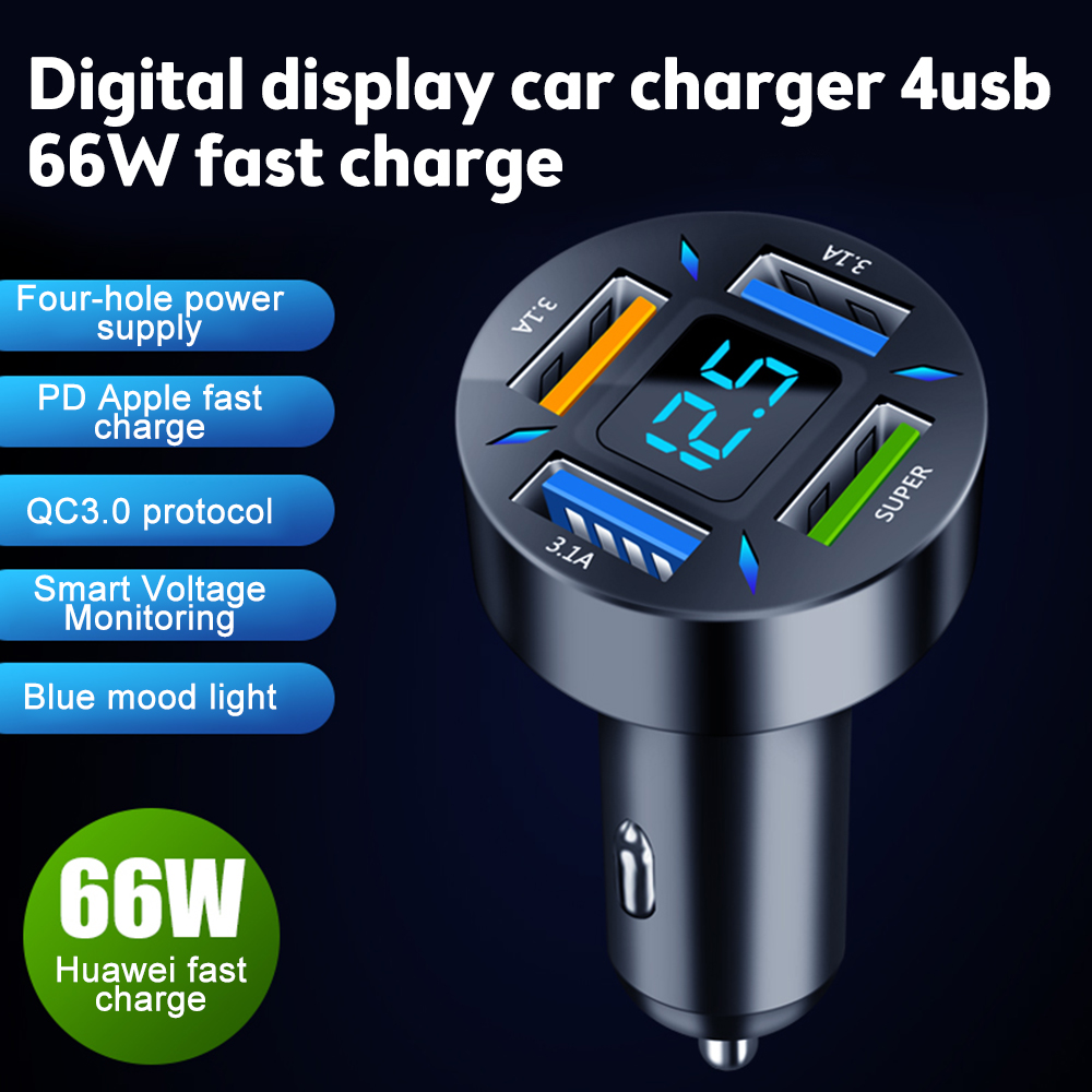 66 W Auto Volt Meter 4 Poorten USB Autolader Snel Opladen PD Quick Charge 3.0 USB C Auto telefoon Oplader Adapter Voor Telefoon Voltmeter