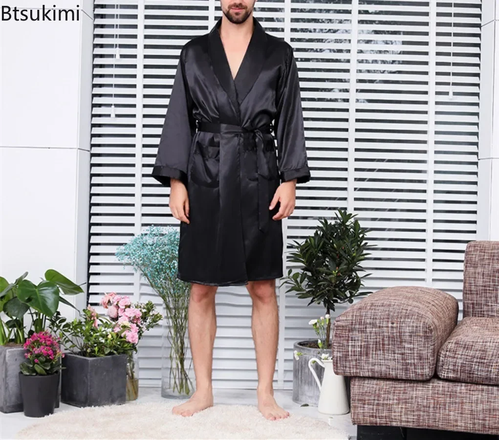 2025 pijamas finos de verano para hombre, batas de casa para hombre, albornoz tipo kimono de manga larga, ropa de dormir de satén de seda negra, ropa de dormir para salón para hombre