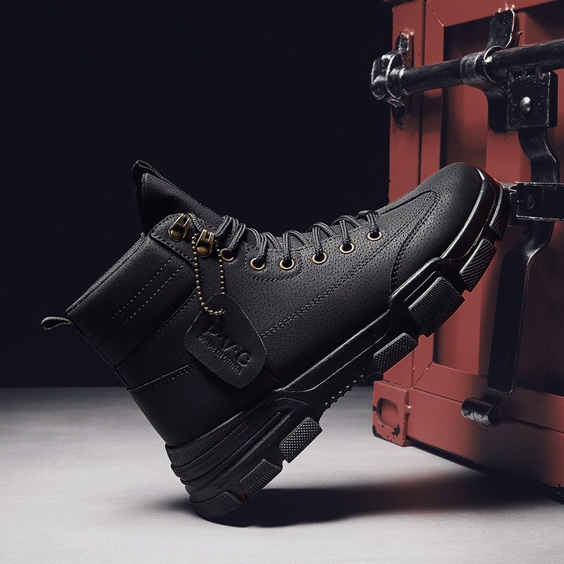 Botines de cuero vulcanizados para hombre, zapatillas deportivas informales, altas: Black / 41