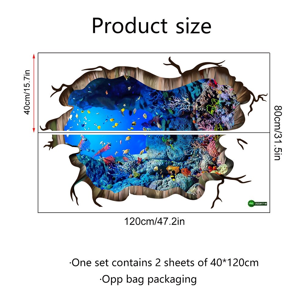 3D Underwater World Wall Decal Home Floor Stickers Decor Vivid Fish Sea Turtle Broken Animals Art Wall Decal: Default Title