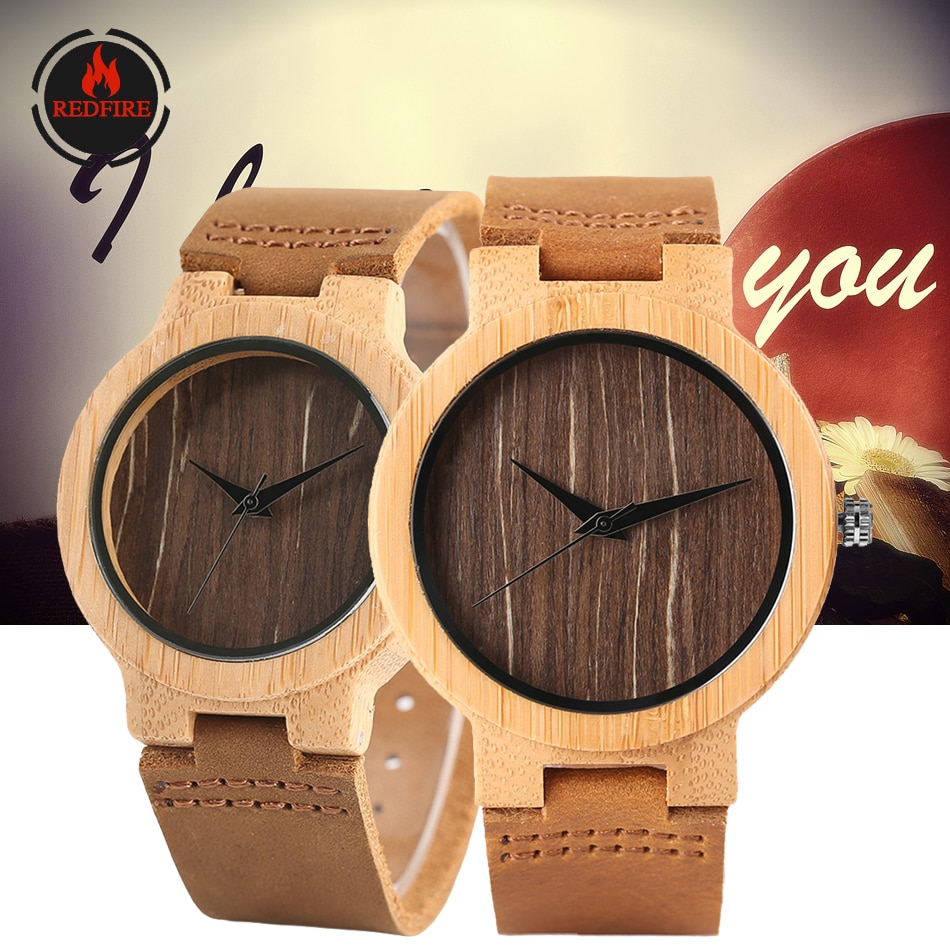 Redfire Hout Horloge Mannen Vrouwen Quartz Horloge Paar Houten Uurwerk Bruin Lederen Horlogeband Amantes De Los Relojes