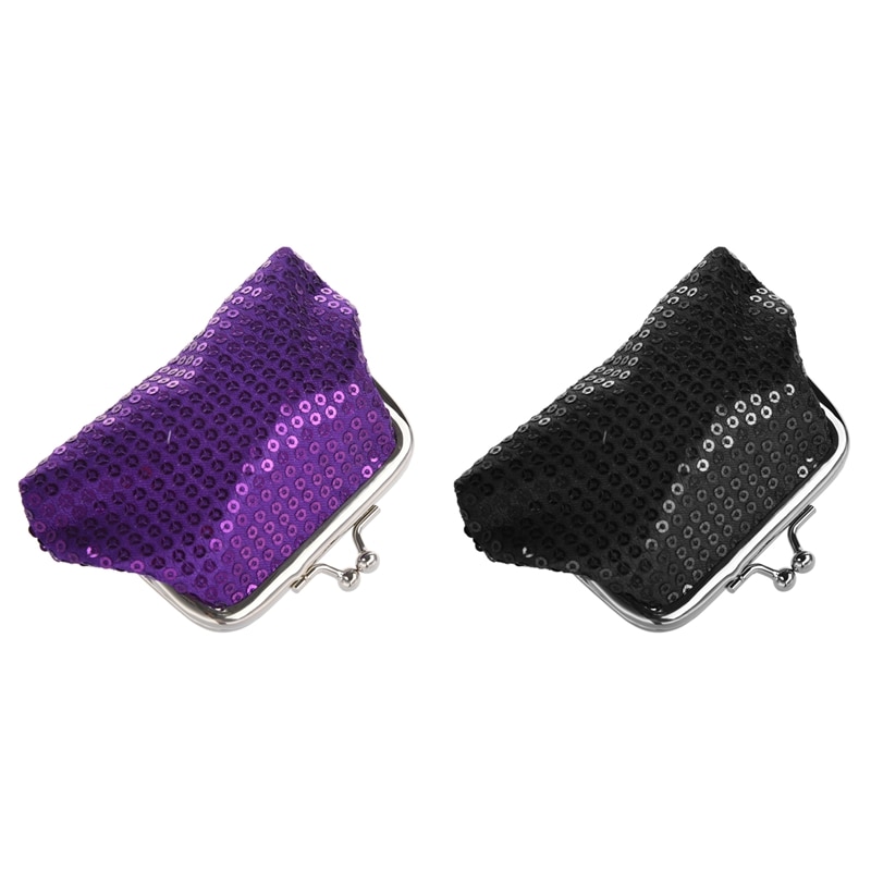 2 Pcs Vrouwen Pailletten Portemonnee Gesp Mini Wallet-Zwart & Paars