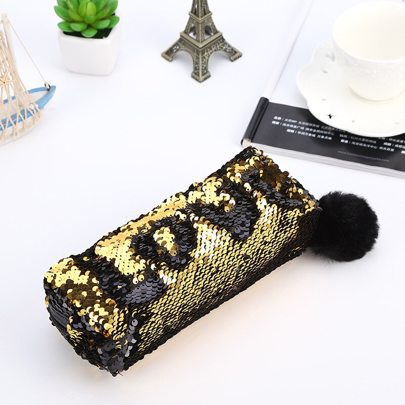 Estuche para lápices con lentejuelas para niñas, material escolar, estuche para lápices con bolas de pelo, caja de lápices Estuche para escolar