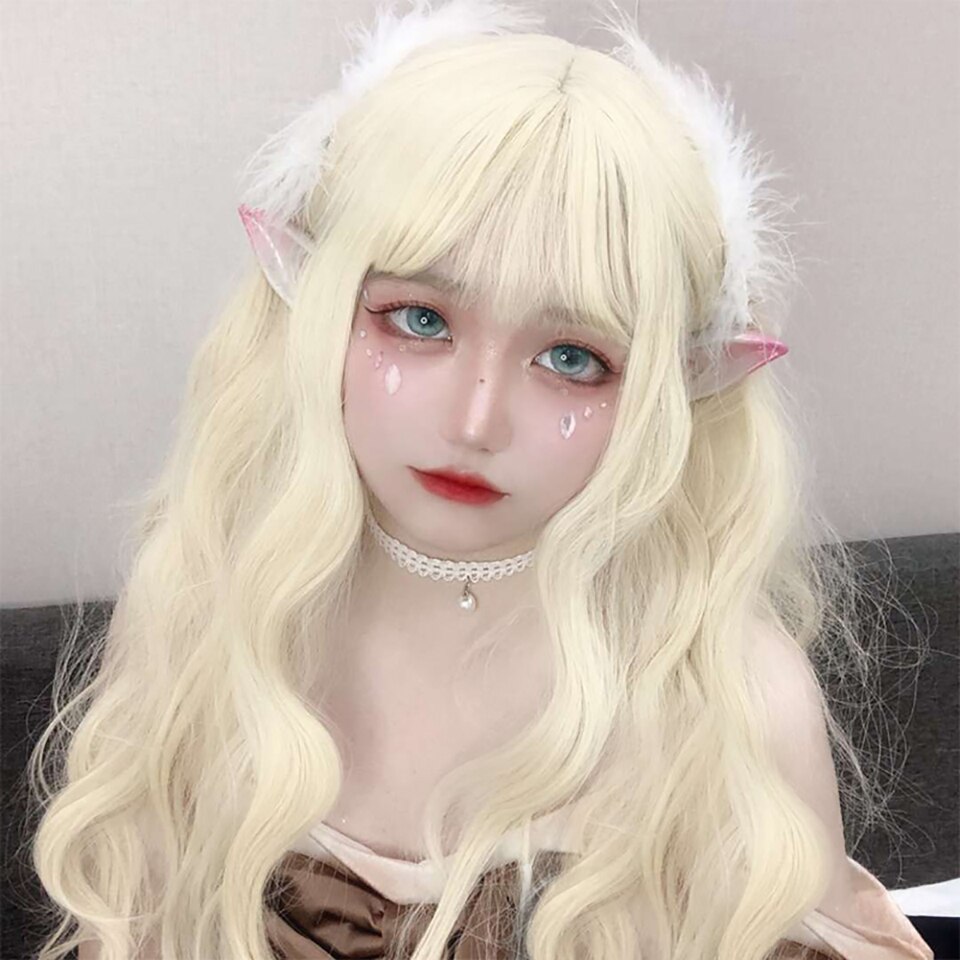 MEIFAN Long Curly Lolita Wigs with Bangs Blonde Harajuku Cosplay Wig Heat Resistant Synthetic Costume Daily Hair Party