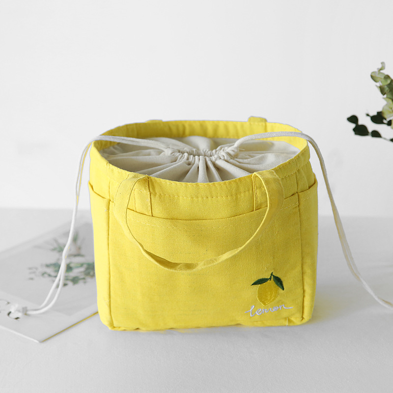 Japanese Cute Drawstring Pocket Stitch Thermal Lunch Bag for Kids Fruit Embroidery Handbags Portable Lunch Box ToteBags: Beige