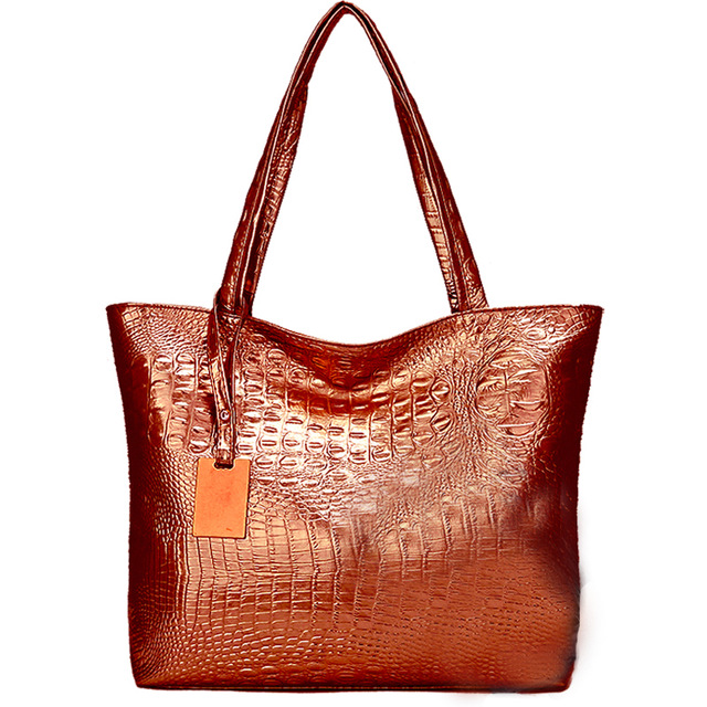 Women's bag soft PU leather crocodile pattern ladies handbag luxury ladies large capacity shoulder bag main: brown-1