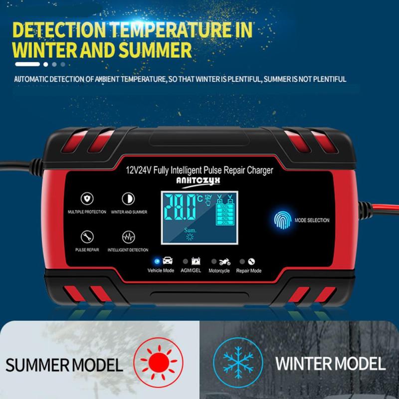 12V/24V Motorcycle Car Battery Charger with LCD Display Power Pulse Repair Wet Dry Lead Acid Battery-chargers US Plug