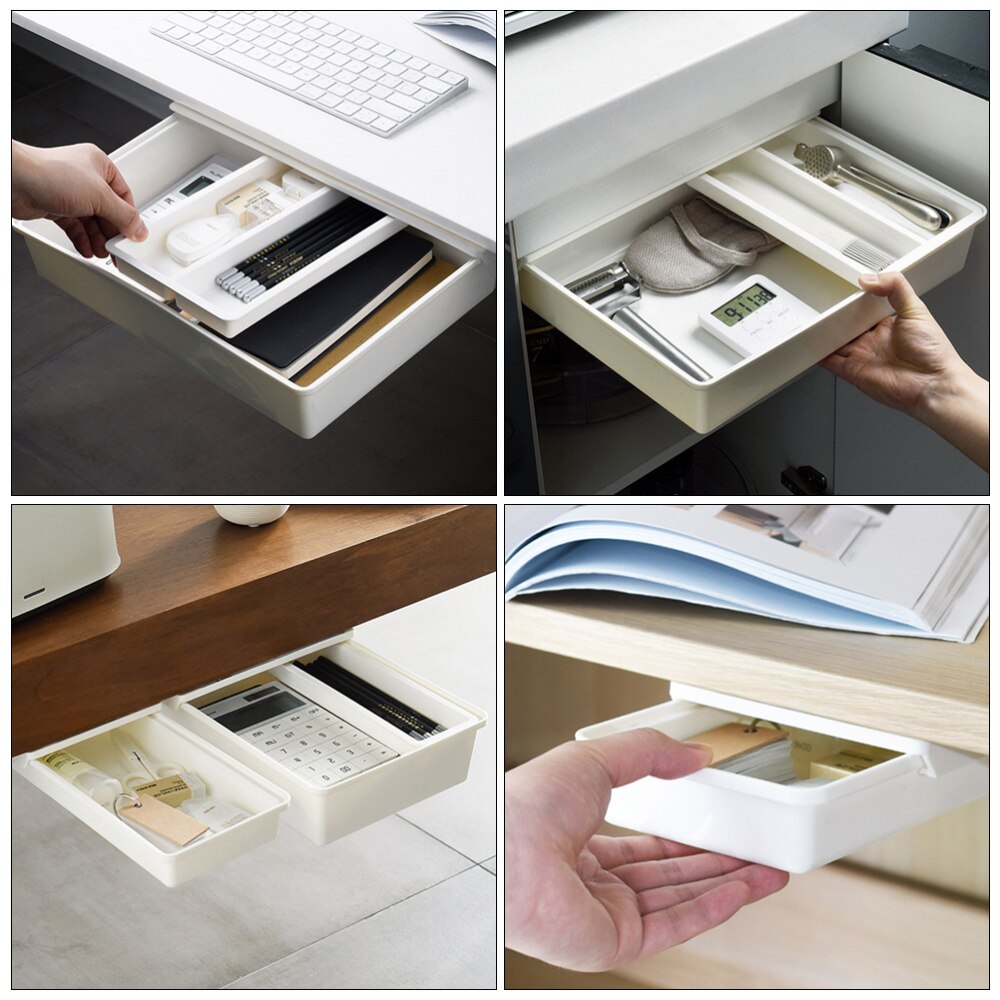 1 Pc Under Desk Drawer Office Storage Box Self Stick Table Desk Storage Box (White)