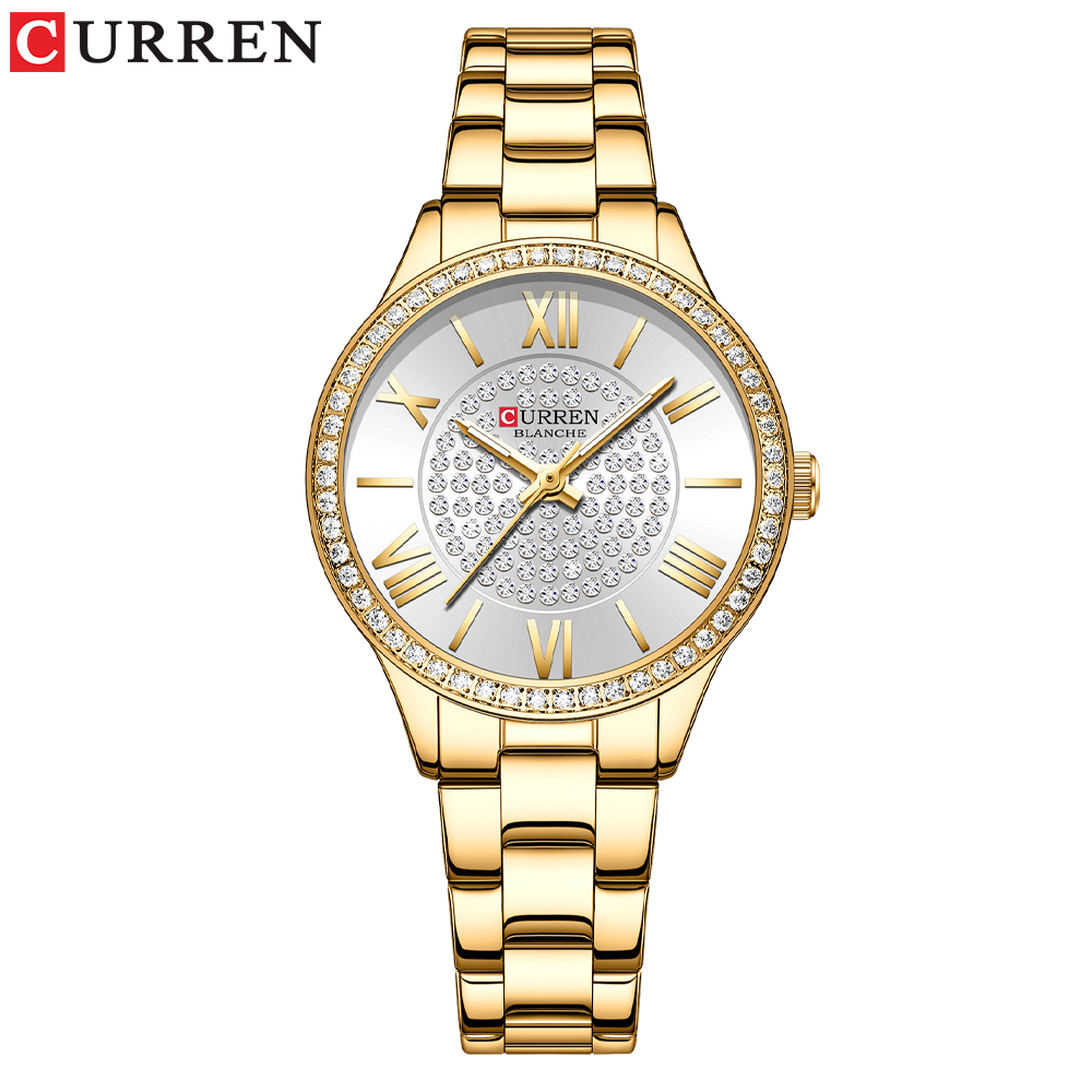 Curren Luxe Golden Dial Horloges Voor Vrouwen Met Rvs Band Mode Strass Dames Horloge Met Lichtgevende: gold white