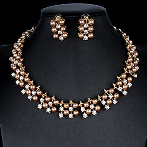 jiayijiaduo Imitation pearl jewelry set for women dress accessories necklace earrings set engagement girl gold color: 2