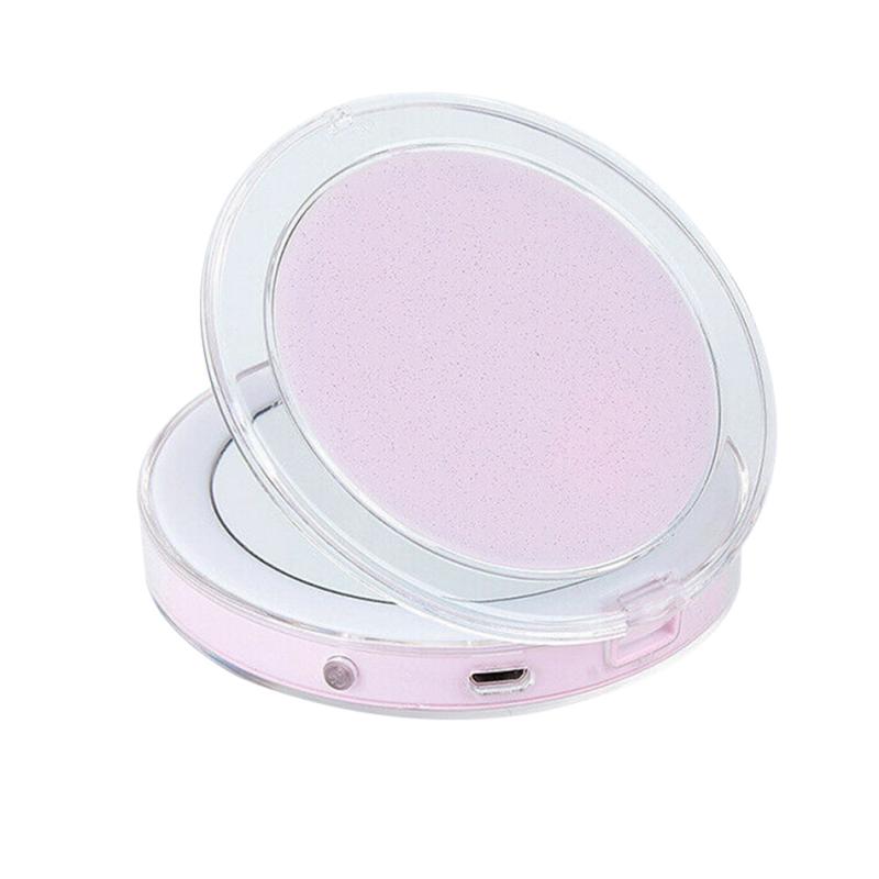 Makeup Mirror With Led Light Make Up Mirror LED Compact Mirror Mini Makeup Mirror Magnify Hand Held Fold Portable LED Light: Pink